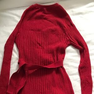 NWT Ann Taylor Red Ribbed Sweater Dress Midi Belted Long Sleeve Size Medium